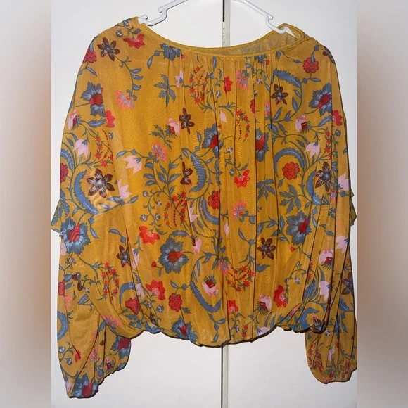 Free People Wildflower Honey Blouse Floral Mustard Boho Size Large - Picture 5 of 13